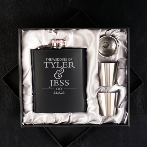 Eternal Wedding Monogram Personalised 4pc Black Flask Set