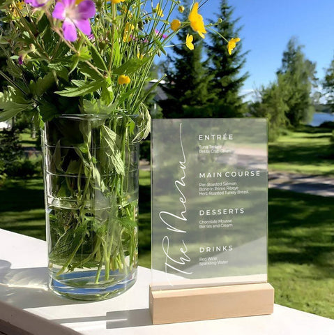 Minimalist Acrylic Wedding Table Menu with Wooden Stand