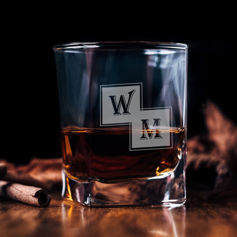 personalised two square initials engraved whiskey glass