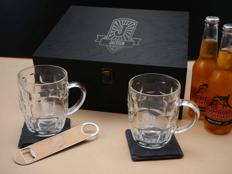 Retro Personalised Beer Mugs Gift Set in a wooden keepsake box