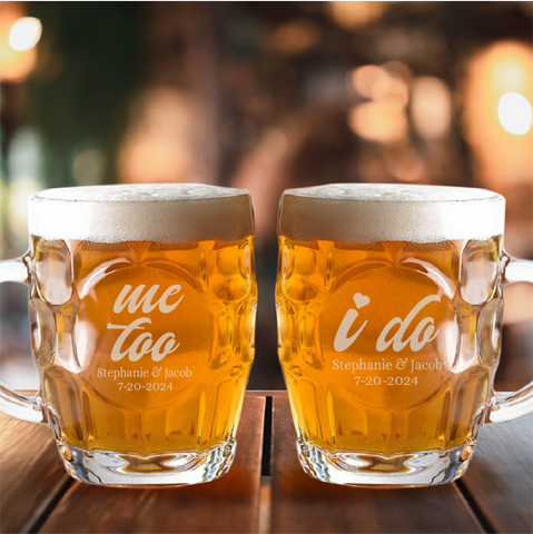 I do and Me Too Wedding Engraved Beer Pint Mug Glass 570ml - Set of 2 Mugs